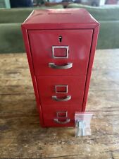 Unusual Miniature 3 Drawer Red Metal File Cabinet Bank with Keys picture