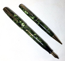 De La Rue Junior Fountain Pen Pencil Set Green Marble Excellent Restored Works picture
