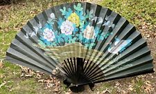 VTG Asian Oversize Crane Flowers Bamboo Wall Fan Hand Painted Chinese Art 72x39 picture