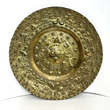 Vintage Mayan Aztec Sun Calendar Wall Plate 15.5” Hecho En Mexico Brass picture