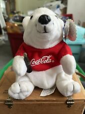 1997 COCA COLA Company White Polar Bear Plush Toy w/Red Vest & Mini Coke picture
