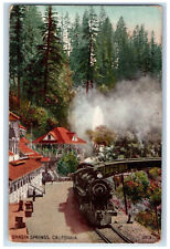 View Of Locomotive Train Approaching Shasta Springs California CA Postcard picture