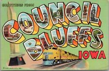 COUNCIL BLUFFS Iowa Large Letter LINEN Postcard Train & Golden Spike / Train picture