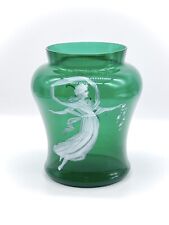 Antique MARY GREGORY Victorian Angel Emerald Glass Shaving Paper Vase 7” picture