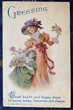 c1905 Victorian Fashion Lady Greeting Good Health Happy Days Vtg Postcard picture
