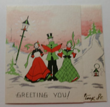 Vtg Christmas Card Victorian Carolers Pink Sky St. Light Snowy Silver Highlights picture