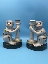 Vintage Chinoiserie Monkey Candlestick Pair 8” Hand Painted Hua Rong Tang Zhi picture