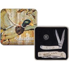 Remington Lockback and Peanut Knives Stainless Blades Bone Handles Duck Tin picture