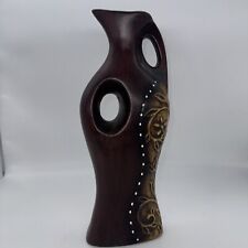 Vintage Ceramic Pitcher Vase Wood Tone Hand Painted 13” Tall picture