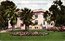 Vintage C. 1910 View Public Library & Park Flowers Paths Long Beach CA Postcard  picture