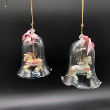 Vintage Glass Bell Carousel Horse Ornaments With Pink Bows Lot Of 2 Taiwan JSNY picture