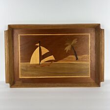 Vintage Hawaiian Motif Wood Tray Tiki Bar Decor Sailboat Palm Tree Island 19in picture