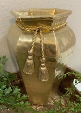 Vtg Solid Hammered Brass Vase Twisted Gold Cord Tassel Hexagon 6 Sides 7 1/2” H picture