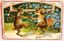 Antique Embossed Postcard Easter Greetings Dancing Rabbits - 1910 1 cent Stamp picture