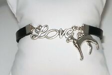 Greyhound Love Bracelet w Pewter Greyhound Dog Charm, Black Leather picture
