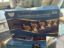 2 Boxes Of 5 Vintage Blow Mold Light Topper 7” Penguins Hard Plastic W/ Stakes picture