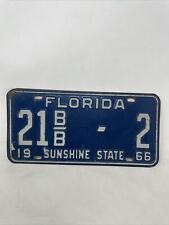 Florida License 1966 Plate Tag Single Digit Rgt 21 B/B - 2 Sunshine State Blue picture