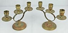 Antique Vintage Pair of Brass Cloisonne Three Candle Holders Red Green Need Love picture