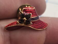 VTG Lapel Pinback Hat Pin Gold Tone Red Sun Hat Purple Jewels Flower picture