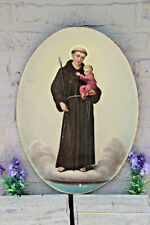 Antique Oil cardboard painting of Saint Anthony with child oval religious  picture