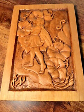 Hand Carved Vintage Folk Art Wooden Carving Plaque Pixie Fairy flowers Wall hang picture