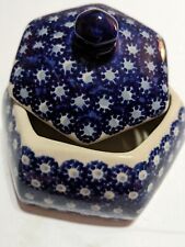 Polish Ceramic Blue Snowflake Hexagon shape Trinket Box manufaktura Boleslawcu picture