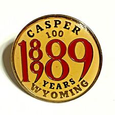 Casper Wyoming 100 Years Lapel Pin, 1889-1989 Rodeo, Skiing, Oregon Trail picture