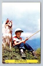 Blair NE-Nebraska, Scenic Greetings, Boy Fishing, Dog, Vintage Souvenir Postcard picture