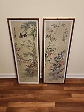 Vintage 1960s Chinese Birds Print Faux Bamboo Framed Pair Wall Art 40