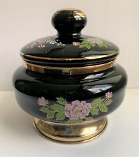 Vintage Superb Black Floral Porcelain Lidded Candy Dish Bottom Silver-Plated picture