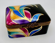 Vintage Rochard Limoges France Peint Main Black Gold Swirls Bow Trinket Box picture
