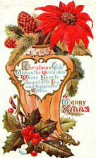 C.1913 Vase with Poinsettia Flowers, Pine Branches, Holly Christmas Postcard C1 picture