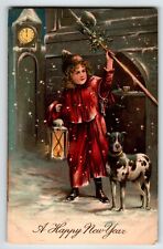 New Year Postcard Girl Great Dane  Dog Lantern Clock Embossed PFB 9526 Germany picture