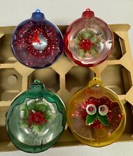 Vtg Jewel Brite Plastic Diorama Christmas Ornaments Large Wreath Bells Lot of 4 picture