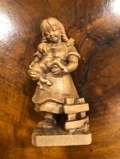 VINTAGE OBERAMMERGAU GERMAN WOOD CARVED GIRL FIGURE WITH LAMB - SIGNED picture