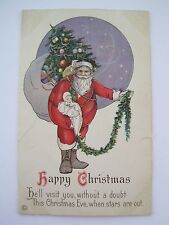 Christmas Postcard Santa w Garland Sack Stars Series 745 A picture