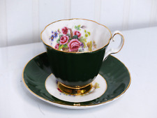 Vintage Royal Grafton Tea Cup and Saucer FLORAL DESIGN Dark Green Cup & Saucer picture