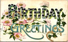 Postcard Birthday Greetings Embossed Horseshoes Flowers Pmk8/18/1908 Aberdeen WA picture