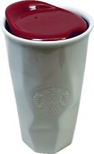 Starbucks 2013 White Faceted Tumbler Ceramic 10oz Travel Cup Red Lid Coffee Mug picture
