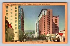 Hollywood CA-California, Hollywood and Vine, Plaza Hotel, Vintage Postcard picture
