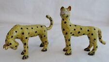 Set Of 2 Brass Enameled Yellow & Black Cloisonne Cheetah Figurines picture