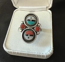Vintage Native American Sterling Silver Ring Coral Turquoise Two Sun  Size 6 picture