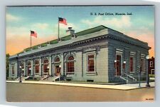 Muncie IN-Indiana, U.S. Post Office Building Arch Windows, Flags, Linen Postcard picture