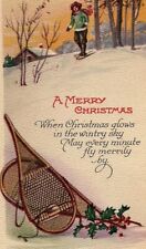 c1907-15 Christmas Winter Scene Home Girl Teardrop Snowshoes Postcard Holly Poem picture