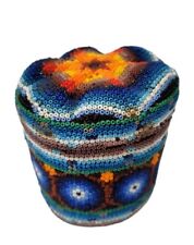 Huichol Hand Beaded Hinged Ring Trinket Box Wooden Mexican Indigenous Folk Art picture