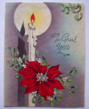 Candle aglow with poinsettia mistletoe vintage Christmas greeting card *KK13 picture