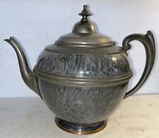 Antique Gray Graniteware Teapot w/ Pewter Mounts Grey Mottled Wonderful Shape picture