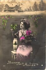 Woman Picking-up Pink Flowers, Bonne Année, Happy New Year In French Postcard picture