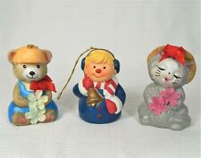 3 Vintage Giftco Porcelain Bell Ornament Anthropomorphic Cat Bear Bell Christmas picture