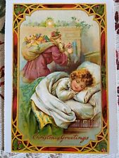 vintage Christmas postcard old World Santa little girl  sleeping bed reproduced picture